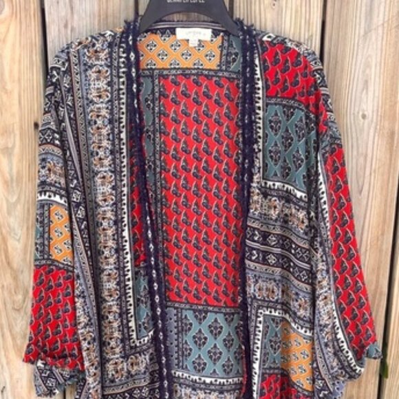 Umgee Multicolor Boho Patchwork Open Front Longline Kimono with Fringe XL/1XL - Picture 2 of 10